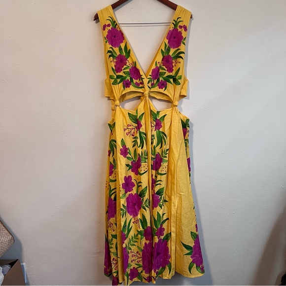 Farm Rio Romantic Garden Yellow & Pink Floral Linen Midi Dress XL - Picture 5 of 8
